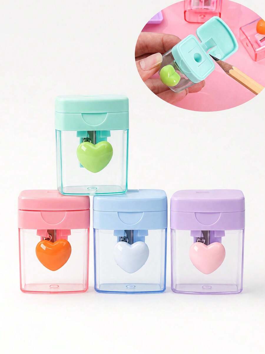 4pcs/Set Single Hole Rotating Handheld Pencil Sharpener, Macaron Color Cute Heart-Shaped Cartoon Design, Transparent With Lid, Portable Pocket Pencil Sharpener, Suitable For Children And Students. Ideal For Classroom Rewards, Student Gifts, Party Favors And Small Souvenirs. Fashionable Creative Stationery, Suitable For Daily School Use (Randomly Shipped) - Multicolor - View 1