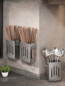1pc Multi-Function Kitchen Chopstick Holder Organizer, Wall-Mounted Chopstick Drainer Rack, Home Kitchen Utensil Storage Rack, Home Organization Supplies, Kitchen Accessories - Black - View 6