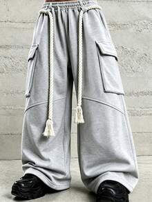 HEYKESON Men's Twisted Tassel Drawstring Cargo Loose Wide Leg Sweatpants - Light Grey - View 1
