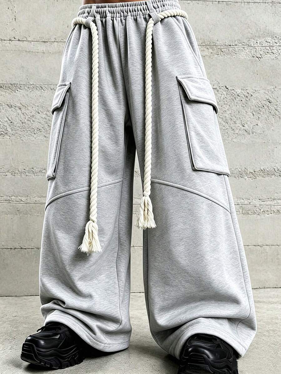HEYKESON Men's Twisted Tassel Drawstring Cargo Loose Wide Leg Sweatpants - Light Grey - View 1