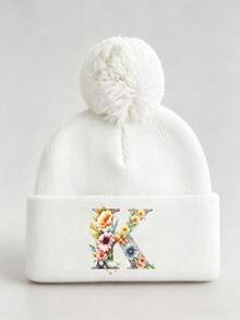 1pc Baby Beanies Boy Girls White Pom-Pom Cap With A-Z Letter Colorful Floral Hat For Boys And Girls Ages 0-8Y, For Hat Accessories Winter Warm Hat - Multicolor - View 36