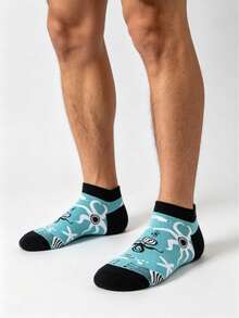 1 Pair Men's Fun Octopus & Starfish Print Low-Cut Socks, Soft & Breathable Ocean Series Invisible Socks, Suitable For Running & Daily Wear - Multicolor - View 3
