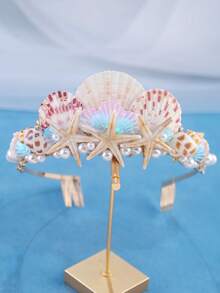 KOVLYNE 1pc Mermaid Shell & Starfish Crown Headpiece, Women's Pearl Beach Bridal Tiara, Suitable For Wedding, Festival, Cosplay & Photography - White - View 2