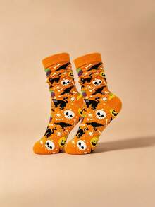 4 Pairs Halloween Themed Mid-Calf Socks, Pumpkin, Skeleton, Ghost, Skull, Black Cat Student Socks, Casual Mid-Calf Socks, Unisex For Party And Daily Wear - Black - View 7