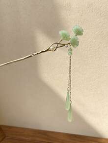 1pc Light Green Ginkgo Jade Slice Tassel Hair Stick, Women's Gentle Draping Chain Hair Pin For Vacation And Daily Updo - Multicolor - View 3