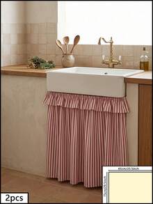 1pc Red And White Thin Striped Sink Skirt, Rustic Country Style Fabric Material, Rectangular Top With Ruffle Edge And Gathered Hem Detail, Covers Sink Underside Space And Decorative Beautification Function, Kitchen Sink Cover Curtain Suitable For Farmhouse Kitchen And Home Decor Scenes - Red - View 14