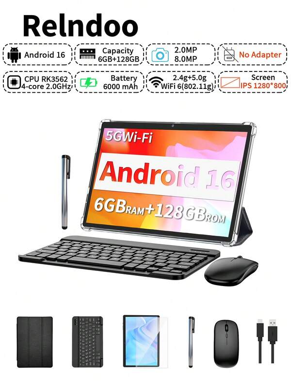 Relndoo 10インチ Android 16 タブレット、2-in-1 タブレット、26GB RAM (6GB + 20GB) + 128GB ストレージ/RK3562 クアッドコア 2.0 GHz/2MP + 8MP デュアルカメラ/1280x800 IPS タッチスクリーン/Wi-Fi 6/6000mAh バッテリー/キーボード/マウス/スタイラス/保護ケース付きタブレット、認定タブレット (アダプターは含まれていません)