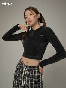 CHUU 素色 Polo 領女款毛衣 秋冬基礎款 毛茸茸長袖針織開襟衫 - 黑色 - 查看 1