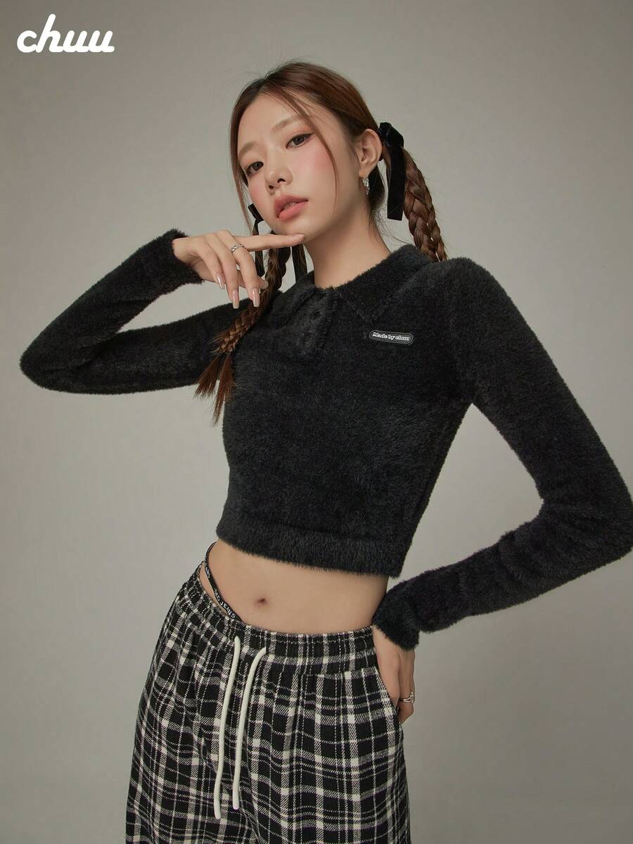 CHUU 素色 Polo 領女款毛衣 秋冬基礎款 毛茸茸長袖針織開襟衫 - 黑色 - 查看 1