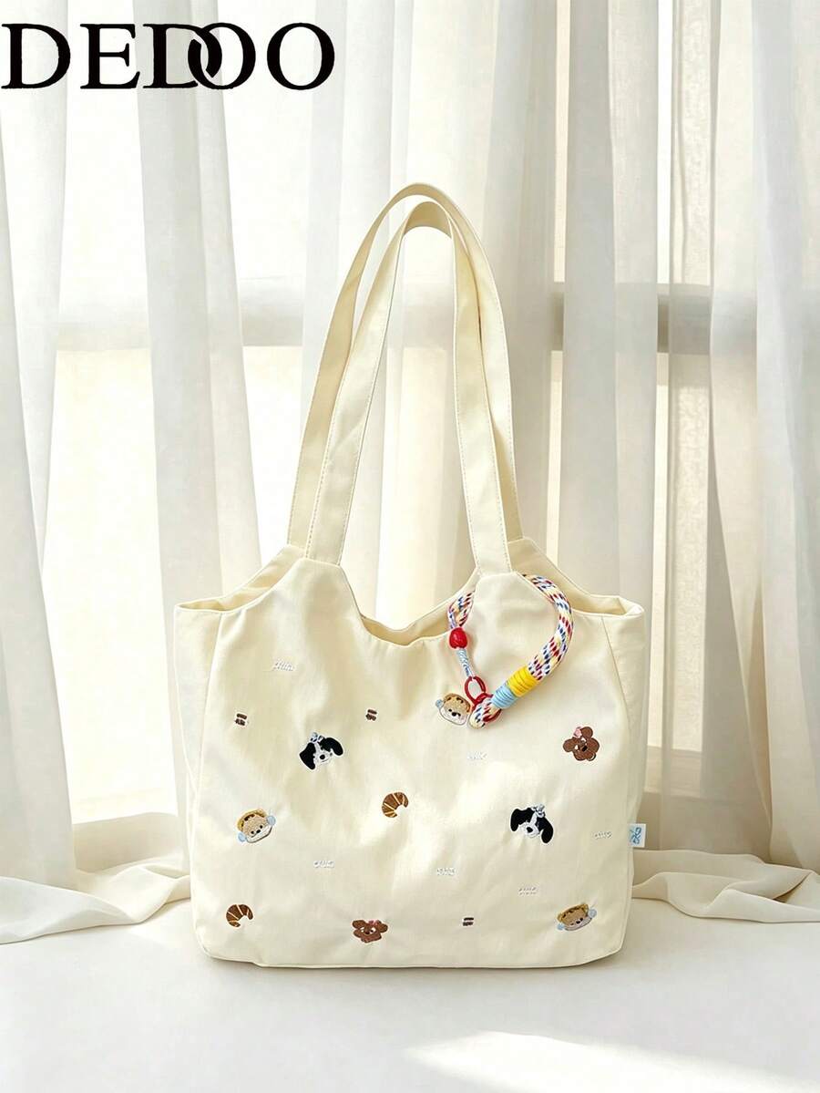 Dedoo 帆布托特包，卡通刺繡，彩色繩飾，大容量，校園背包，大學校園，休閒韓風學生單肩包
