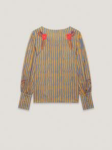 CAREE Women's Autumn/Winter Orange & Blue Vertical Striped Heavy Floral Embroidered Round Neck Button-Up Petal Sleeve Cropped Vintage Jacket - Multicolor - View 2