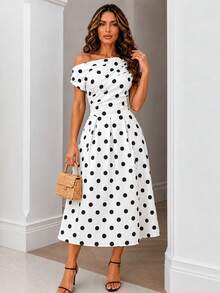 ChicMe Women Polka Dot Skew Neck Midi A Line Dress Retro Pleated Waist Pocket Sundress Elegant Date Party Wear - White - View 4