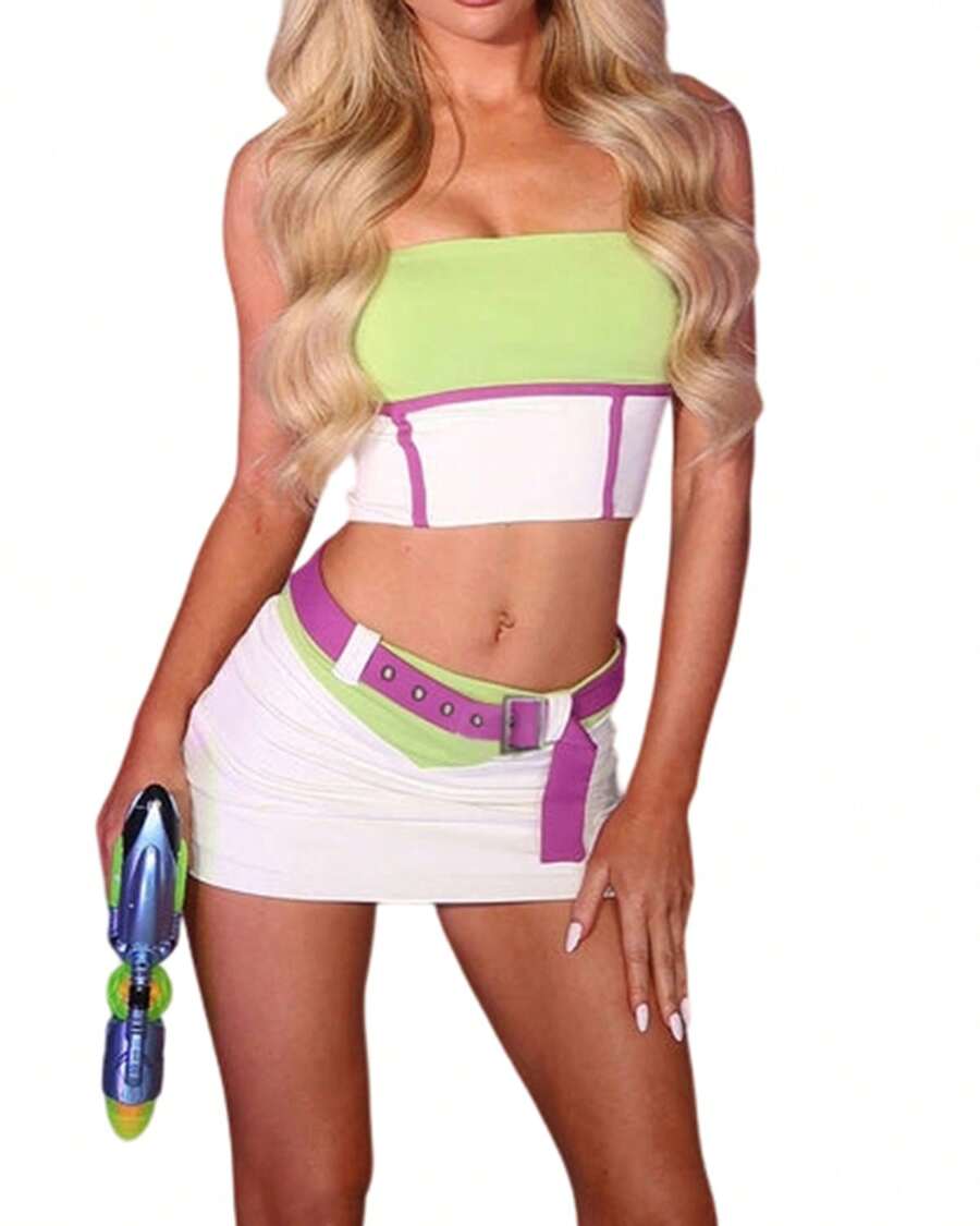 Women's Fun Halloween 2 Piece Outfit Color Block Contrast Design Strapless Tube Crop Top Mini Skirt With Decor Belt Fitted Stretch For Cosplay Party
