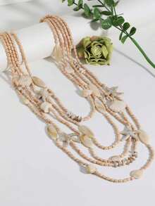 1pc Bohemian Ocean Holiday Style Acrylic Faux Starfish & Shell Multi-Layer Beaded Long Necklace, Suitable For Women Beach Vacation, Photography, Outfit - X-1672 Long Starfish Necklace - View 5