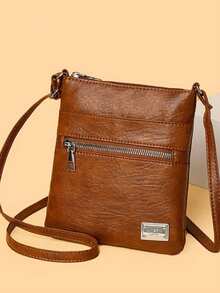 Women's Vertical Multi-Pocket Crossbody Bag, Vintage Small Square Bag, Solid Color Textured Shoulder Bag, Light Luxury French Style Minimalist Crossbody Bag - Brown - View 7