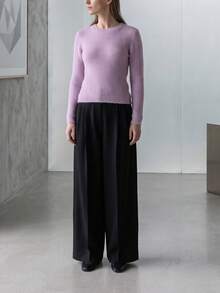 Fashionable Women's Knit Top, Violet Waffle Knit Long Sleeve Sweater, Regular Hem Round Neck Pullover, Soft Stretch Fabric. - Lilac Purple - View 1