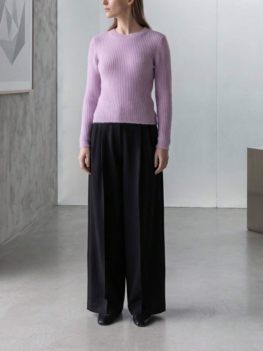 Fashionable Women's Knit Top, Violet Waffle Knit Long Sleeve Sweater, Regular Hem Round Neck Pullover, Soft Stretch Fabric. - Lilac Purple - View 1