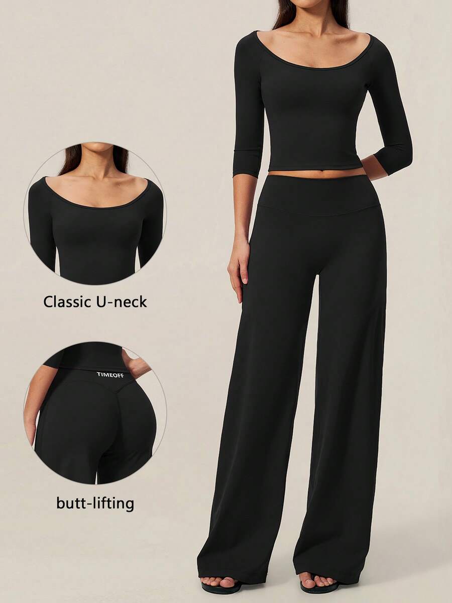 TimeOff Women's One Set Solid Color Open Shoulder Off Shoulder Mid-Sleeve Fitted Top And Wide Leg Long Pants - Black - View 1