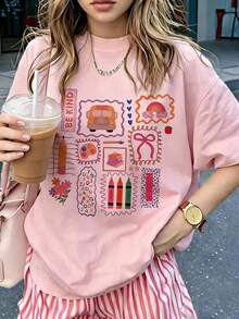 Camiseta Rosa de Manga Curta com Gola Redonda e Estampa de Professora "Seja Gentil" para Mulheres Plus Size, Elasticidade Média, Solta, Casual, Presente de Volta às Aulas para Professora - Rosa chiclete - Visão 4