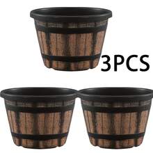 1pc Upgraded Whiskey Barrel Shaped Planter Set, Vintage Brown Plastic Flower Pot With Drainage Hole, Rustic Durable Decor Plant Container For Indoor Outdoor Garden Home Greenery Decor - Vintage Flower Pot - View 5