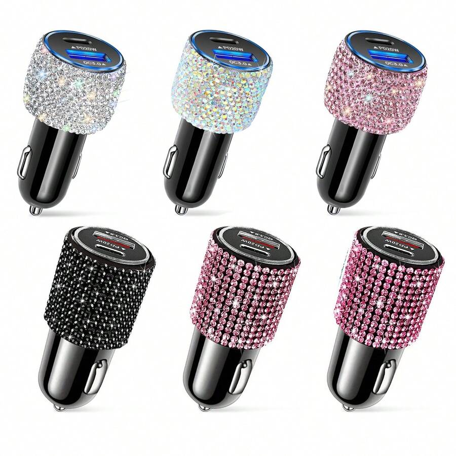 Car Charger, 1pc Shiny Rhinestone Fast Charging USB A/C Type Car Phone Charger, Diamond Adapter, Compatible With 3-In-1 Fast Charging, Retractable Data Cable, Supports Phone, Dash Cam, GPS And More, Handmade, Perfect Holiday/Birthday Gift For Men And Women