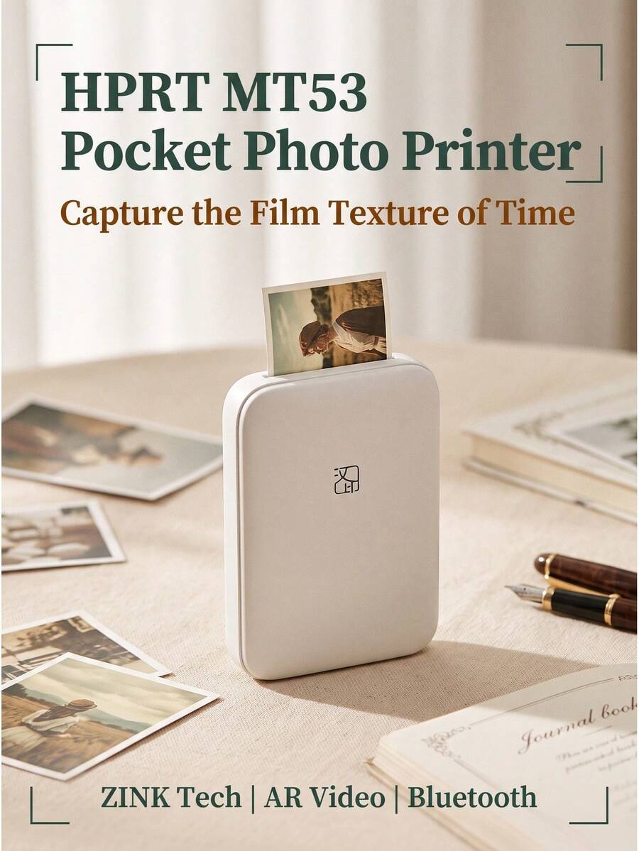 HPRT MT53 Bluetooth Pocket Photo Printer, Portable Mini Home Device, Wireless Bluetooth, 3-Inch Color, Self-Adhesive Photo Paper, AR Video, Thermal Printer - White - View 1
