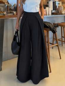 Women's Black Pleated Versatile High-Waist Wide-Leg Long Pants, Fall/Winter Going Out Business - Black - View 4