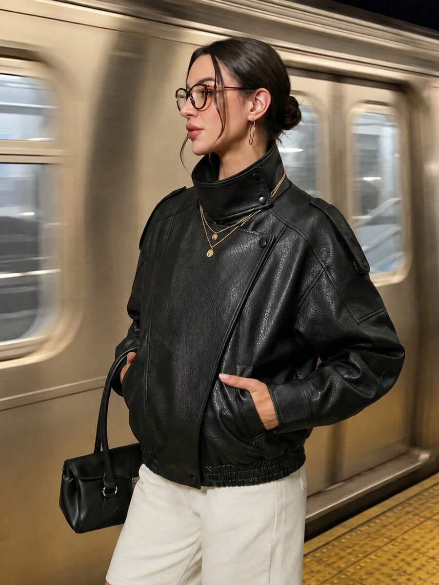 Vintage Oversized High Neck Faux Leather Jacket For Women, Casual Street Style Autumn/Winter Outerwear Black Fall - Black - View 1