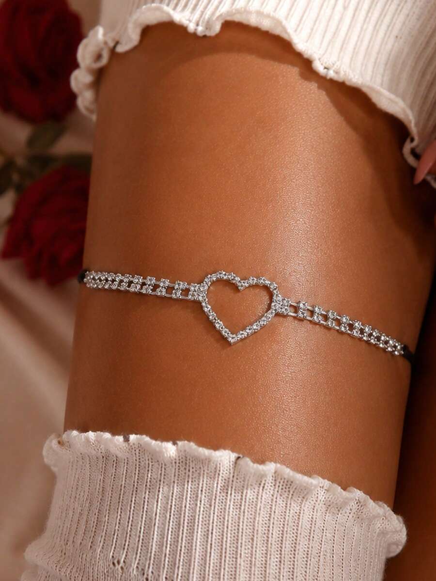 1pc Heart Shaped Rhinestone Inlaid Sexy Leg Chain, Suitable For Valentine's Day, Nightclub Outfit Body Chain - Silver - View 1