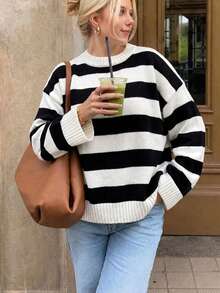 Women's Classic Black And White Striped Loose Sweater, Versatile Knit Top For Daily Commute, Outerwear And Layering Fall - Black and White - View 5