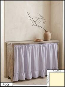 1pc Olive Green & White Fine Striped Table Skirt, Natural Fresh Style Fabric Material, Rectangular Bottom With Ruffle Hem And Pleated Details, Storage Concealment And Decorative Beautification Function, Suitable For Storage Rack Cover And Pastoral Home Decor Scenes - Blue - View 9