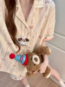 2件組女款睡衣家居服套裝，開襟翻領可愛小狗與蝴蝶結印花短袖時尚休閒短褲，春夏季，易打理面料 - 香檳色 - 查看 10