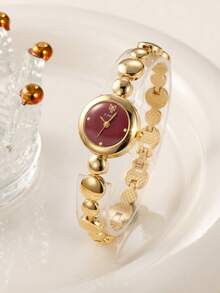 LIANDU Elegant Round Quartz Women's Wristwatch, Gold-Tone Burgundy Dial With Beaded Metal Strap, Luxurious Exquisite Women's Jewelry Watch, Suitable For Wearing On Various Occasions Such As Holidays, Thanksgiving, Christmas, Back To School, Parties, Weddings, Halloween, Easter, And More, Perfect Gift For Women - Gold - View 7