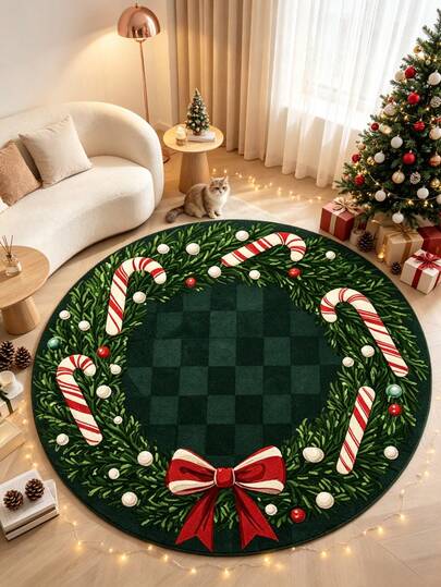 1pc Green Candy Cane Round Rug, Christmas Style, Christmas, Outdoor Doormat, Kitchen Rug, Home Decor, Area Rug, Garden Rug, Washable Rug