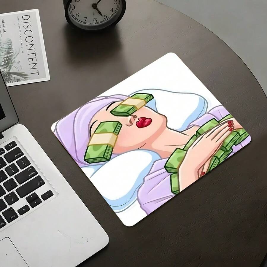 وسادة فأرة مربعة للنساء الكسولات بموضوع الثروة، تصميم نمط رسوم توضيحية حديثة للفتاة مع عناصر مالية ممتعة، وسادة ديكور سطح مكتب جذابة، وسادة مكتبية مطاطية مانعة للانزلاق بحافة مقفلة، حجم صغير مناسب للكمبيوتر المحمول والكمبيوتر المكتبي والألعاب والمكتب والاستخدام اليومي - مشاهدة 1