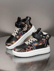 1 Pair Kids' Mid-Top Sneakers, Geometric Pattern Design, Breathable & Comfortable For Indoor/Outdoor Casual Running, Easy Slip-On With Closure, Lightweight & Breathable, Fashion Retro Style For Boys & Girls - Black - View 5