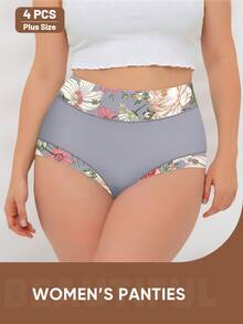 4 Packs Plus Size High Waist Briefs For Women, Soft & Comfortable Everyday Panties With Floral Print Design - Multicolor - View 4
