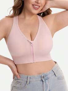 1pc Women's Plus Size Solid Color Front Zipper Sports Bra, Removable Padding Fitness Yoga Backless Tank Top - Baby Pink - View 3