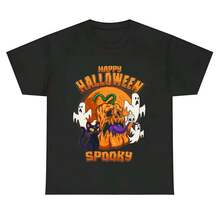 Dark Halloween Graphic Tee For Guys, Happy Halloween Spooky Slogan With Creepy Pumpkin, Black Cat & Ghost Casual Crew Neck Top - Black - View 2