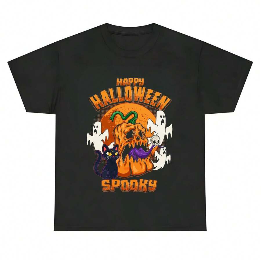 Dark Halloween Graphic Tee For Guys, Happy Halloween Spooky Slogan With Creepy Pumpkin, Black Cat & Ghost Casual Crew Neck Top