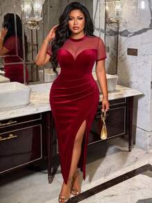 BIUBIU Plus Size Women's Elegant Maxi Dress, Round Neck Short Sleeve High Slit, Fitted Pleated Bodycon Prom Dress, Hoco Formal - Red - View 5