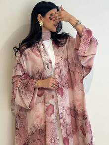 Fashion Chiffon Printed Long Outerwear Jacket (Includes Headscarf) - Pink - View 3