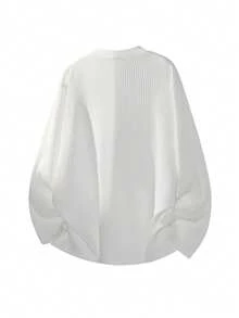 Blueprint Man 1pc Men's White Long Sleeve T-Shirt, Vertical Ribbed Ribbed Texture Fabric, 260g/M² Heavyweight Fabric, Minimalist Pullover T-Shirt, Crew Neck With Small V-Neck Detail, Solid Color Minimalist Style, Daily Commute, Casual Outings, Old Money Style - White - View 5