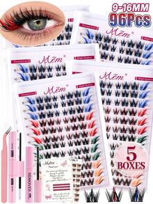 MEM 96 Pieces Of 4-Color Mixed Color Single Cluster False Eyelashes, D-Roll Colorful DIY Eyelash Clusters, With Glue, Glue Remover And Tweezers, Rainbow Color 1 Piece False Eyelashes, 1 Piece False Eyelashes, False Eyelashes, Halloween - Black - View 10