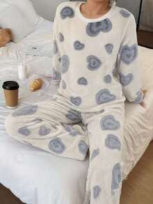 Dreamivo Soft Heart Flannel Pajama Set For Women, Autumn/Winter Round Neck Long Sleeve Thick Fleece Loose Pants 2 Pieces Home Wear - White - View 2