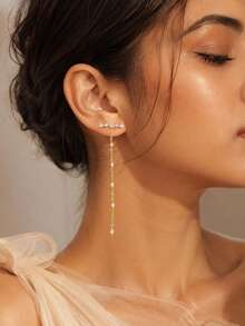 outingfit 1 Pair Minimalist Tassel Rhinestone Water Drop Pendant Earrings, Niche High-End Fashion Micro-Inlaid Rhinestone Ear Jewelry, Suitable For Women's Daily Versatile Accessory - Gold - View 2