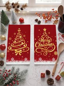 2件組聖誕紅金配色餐巾布，印有Merry Christmas文字與聖誕樹雪花圖案，紅底聖誕手巾，浴室毛巾，廚房清潔布，聖誕毛圈布，聖誕裝飾，聖誕節裝飾，假期派對餐桌裝飾，廚房與浴室裝飾，冬季居家裝飾，聖誕禮物 - 彩色 - 查看 8