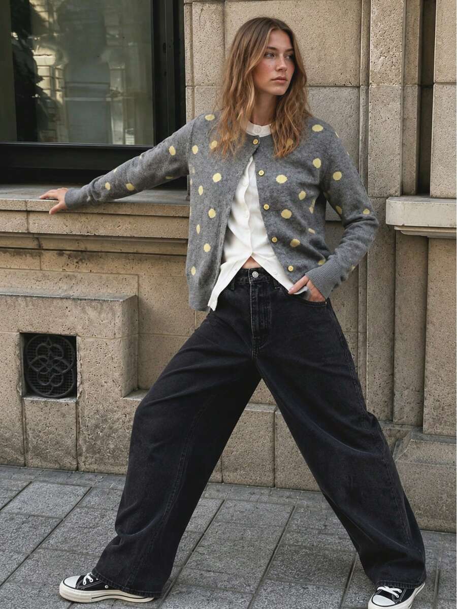 Jaket Kardigan Rajut 2-in-1 Motif Polkadot Kasual Minimalis Wanita Terbaru, Musim Gugur/Dingin - Light Grey - View 1