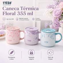 TYESO Caneca Térmica Floral 355ml Inox 304 Com Tampa Vedada Mantém Quente e Frio 6h Caneca de Café para Escritório Casa Feminina - Roxo - Visão 2