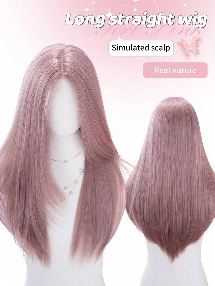alicegarden 26 Inch Front Lace Wig, Natural Straight Hair, Stunning Rusty Rose Color, Middle Part Design, Suitable For Women's Daily, Party, Cosplay Use, Natural And Durable Wig Gift, Halloween - Rusty Rose - View 1